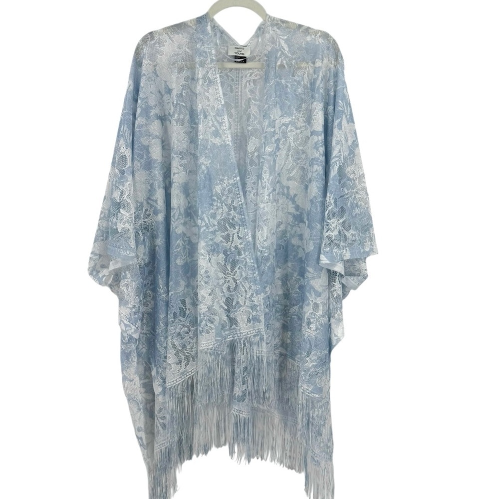 David & Young Pale Blue Lace Fringe Kimono Shawl Wrap OS